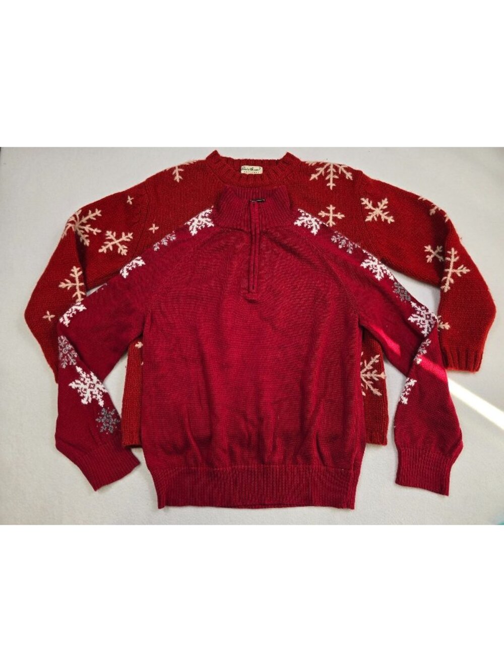 Eddie Bauer Womens M/P  2-Wool/Cotton Red Snowflake Sweaters Half-Zip.